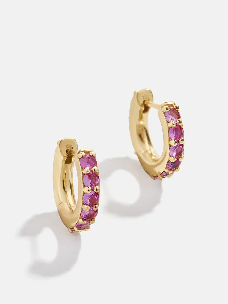 18K Gold Birthstone Huggie Earrings - Garnet