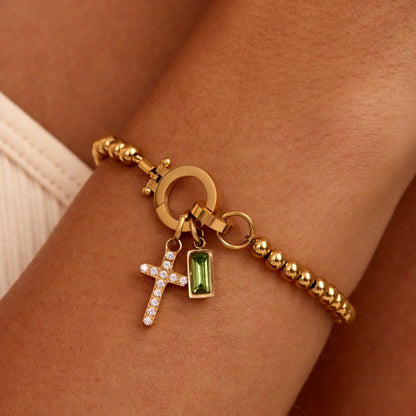 Beaded Birthstone Cross Charm Bracelet