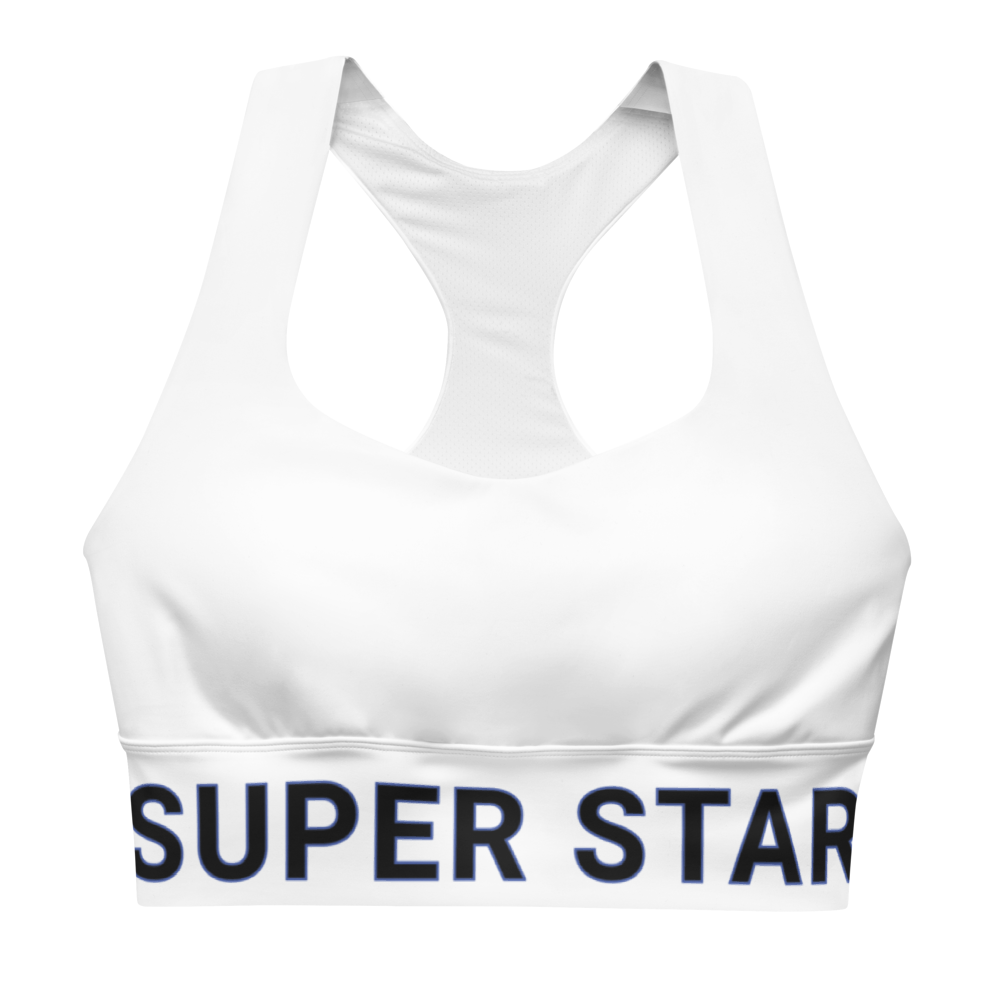 All-Over Print Recycled Longline Sports Bra "Super Star" – Eco-Friendly & High Support