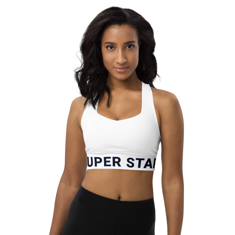 All-Over Print Recycled Longline Sports Bra "Super Star" – Eco-Friendly & High Support